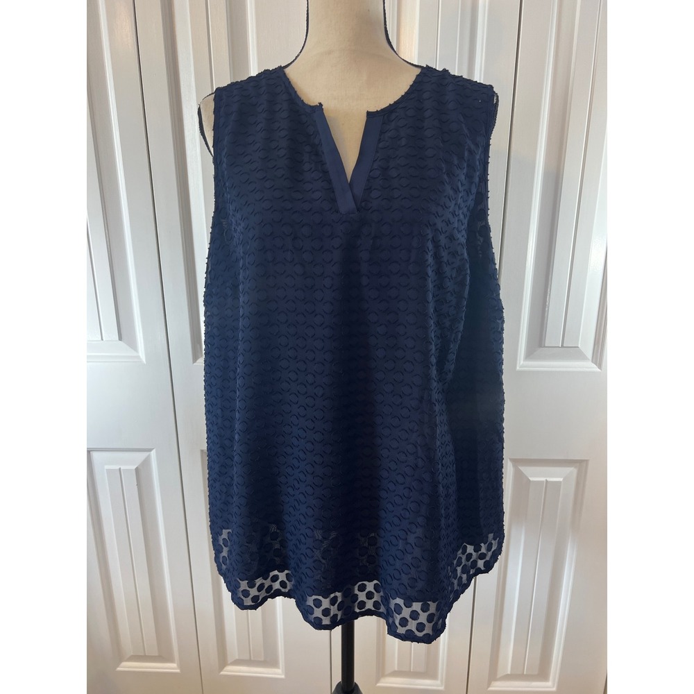 Market & Spruce Navy Blue Clip Dot Sleeveless Split V-Neck Top 2X NWT